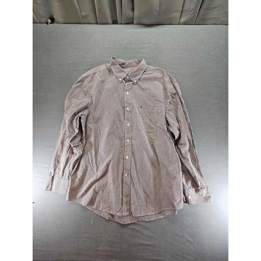Izod Mens XL Long Sleeve Button Down Shirt Brown White Gingham Plaid Pocket